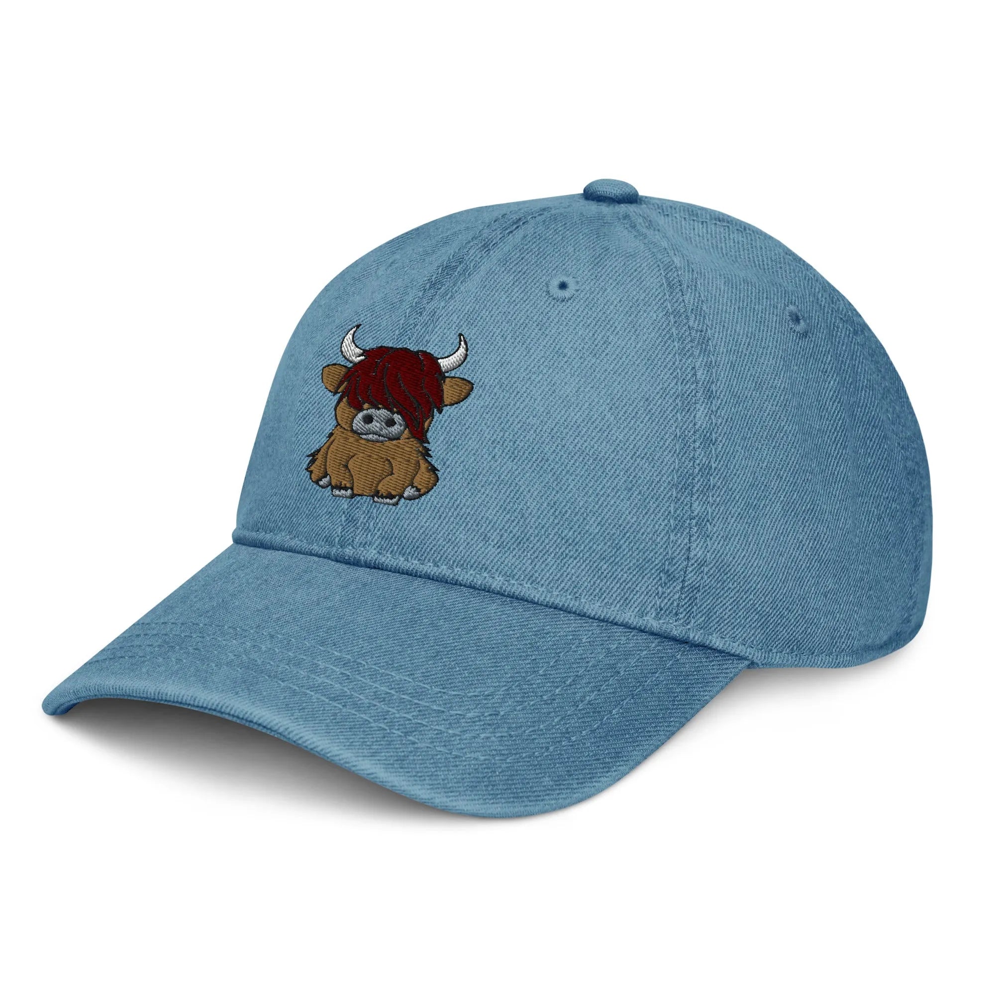 Scottish Highland Cow Embroidered Denim Dad Hat - The Global Wanderer