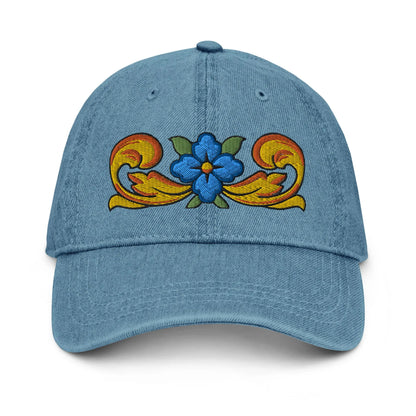 Sicilian Tile Motif Embroidered Denim Dad Hat - The Global Wanderer