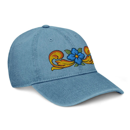 Sicilian Tile Motif Embroidered Denim Dad Hat - The Global Wanderer