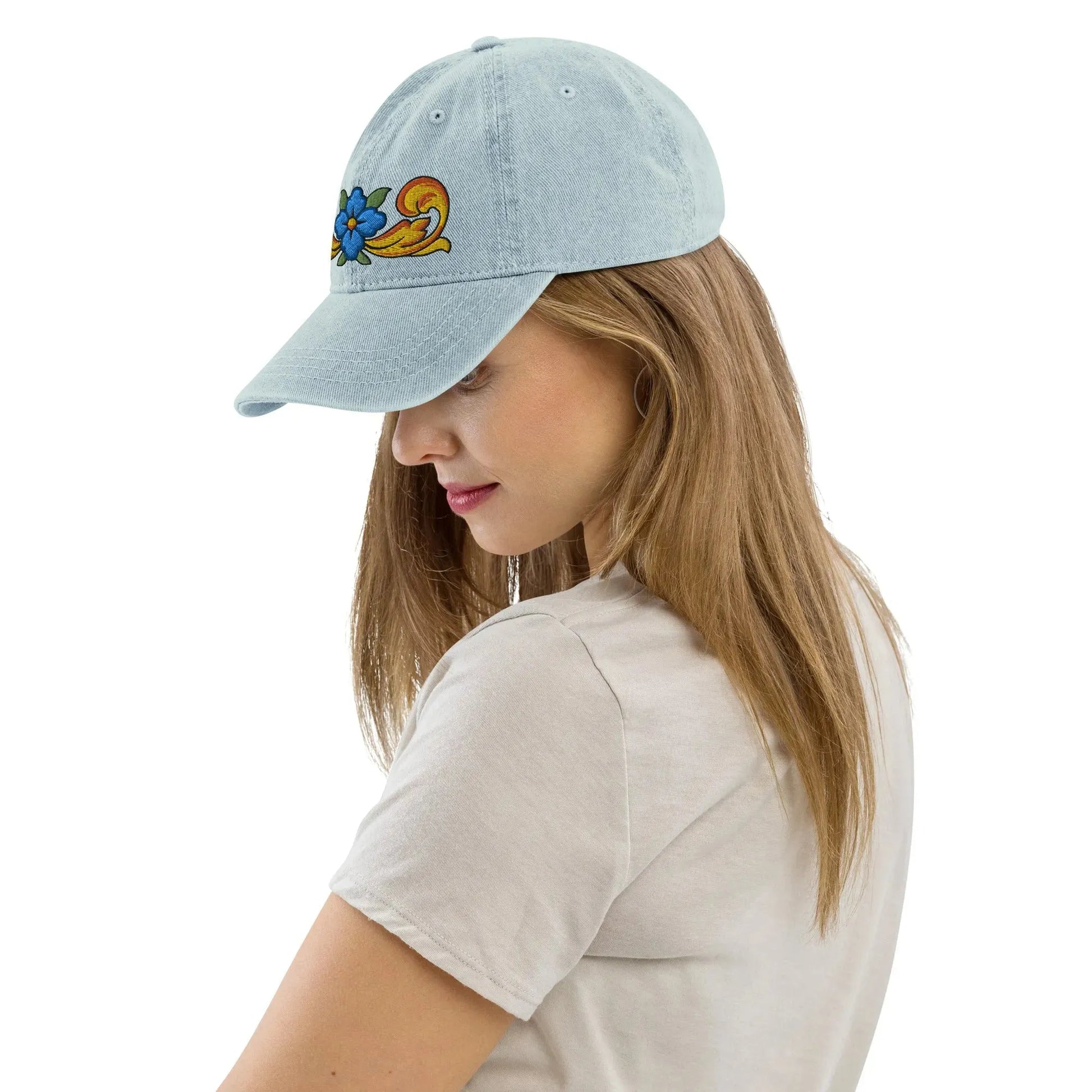 Sicilian Tile Motif Embroidered Denim Dad Hat - The Global Wanderer