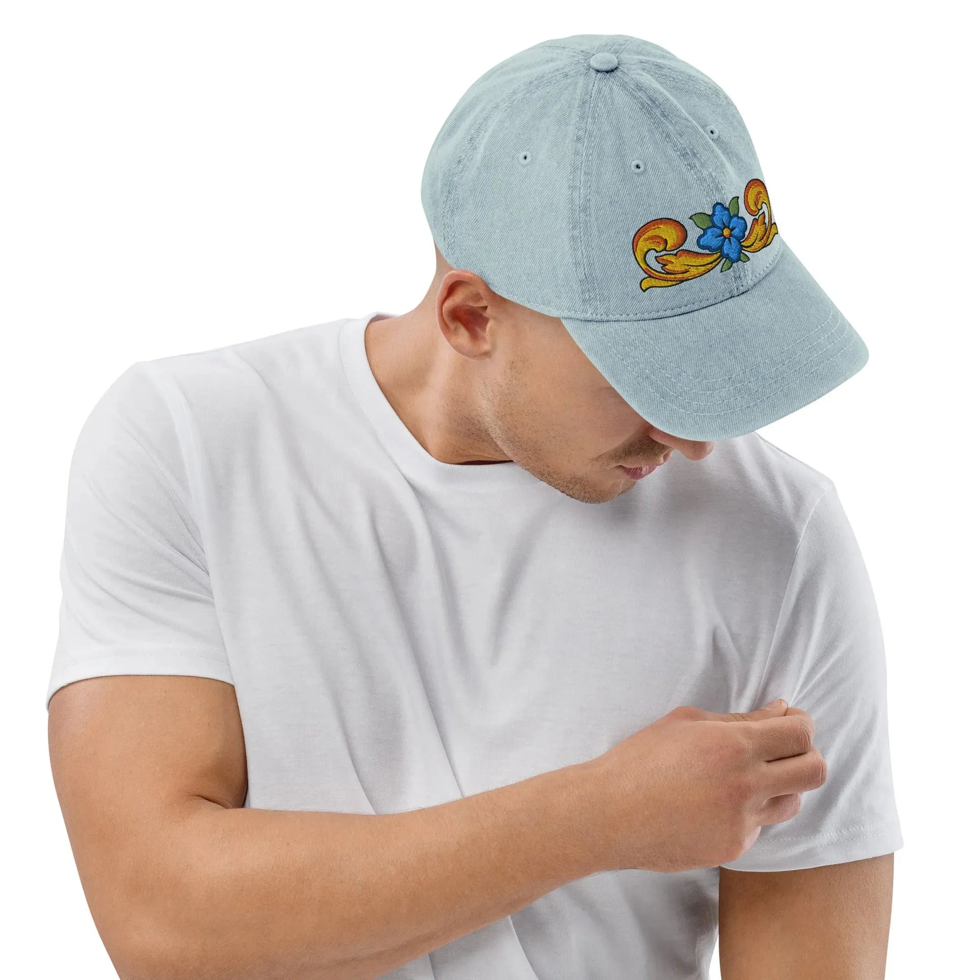 Sicilian Tile Motif Embroidered Denim Dad Hat - The Global Wanderer