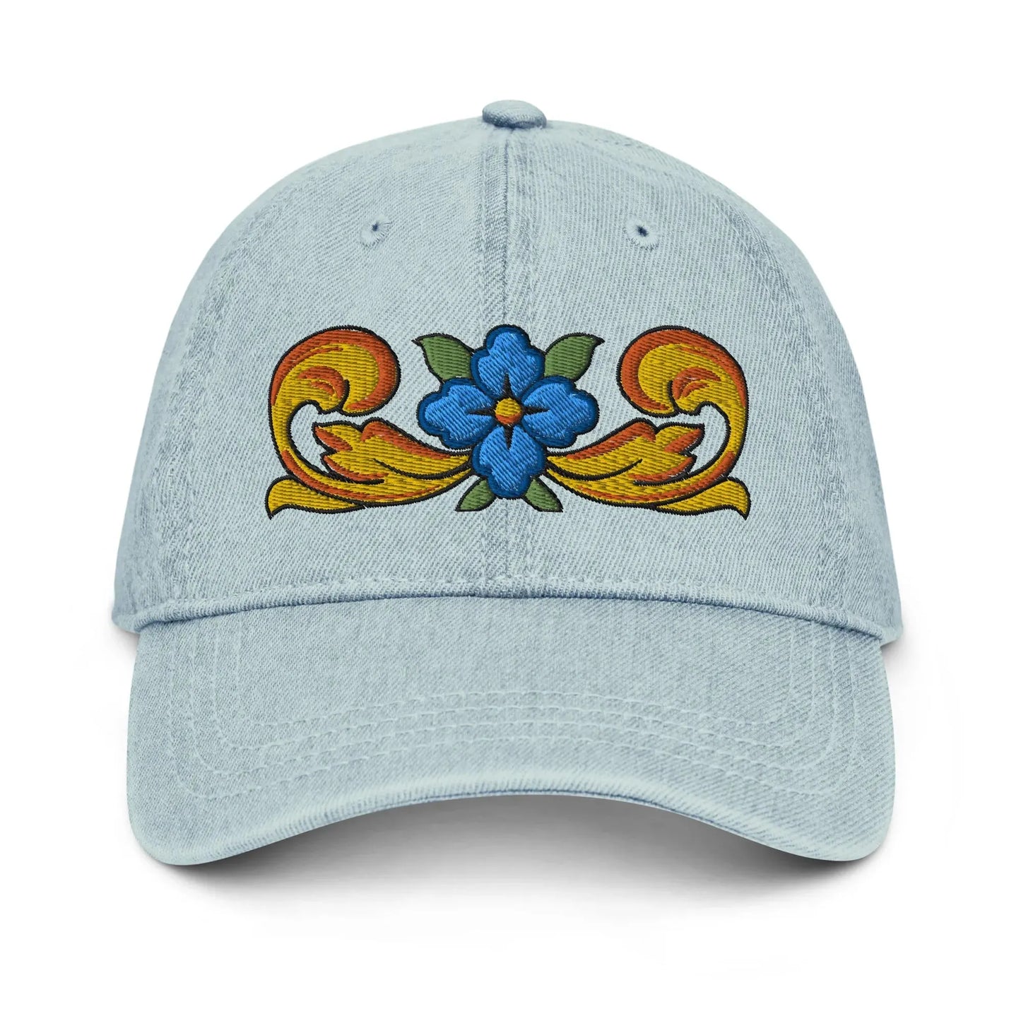 Sicilian Tile Motif Embroidered Denim Dad Hat - The Global Wanderer