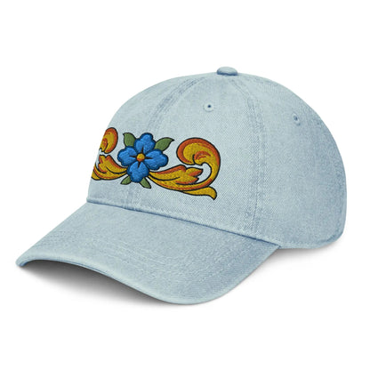 Sicilian Tile Motif Embroidered Denim Dad Hat - The Global Wanderer