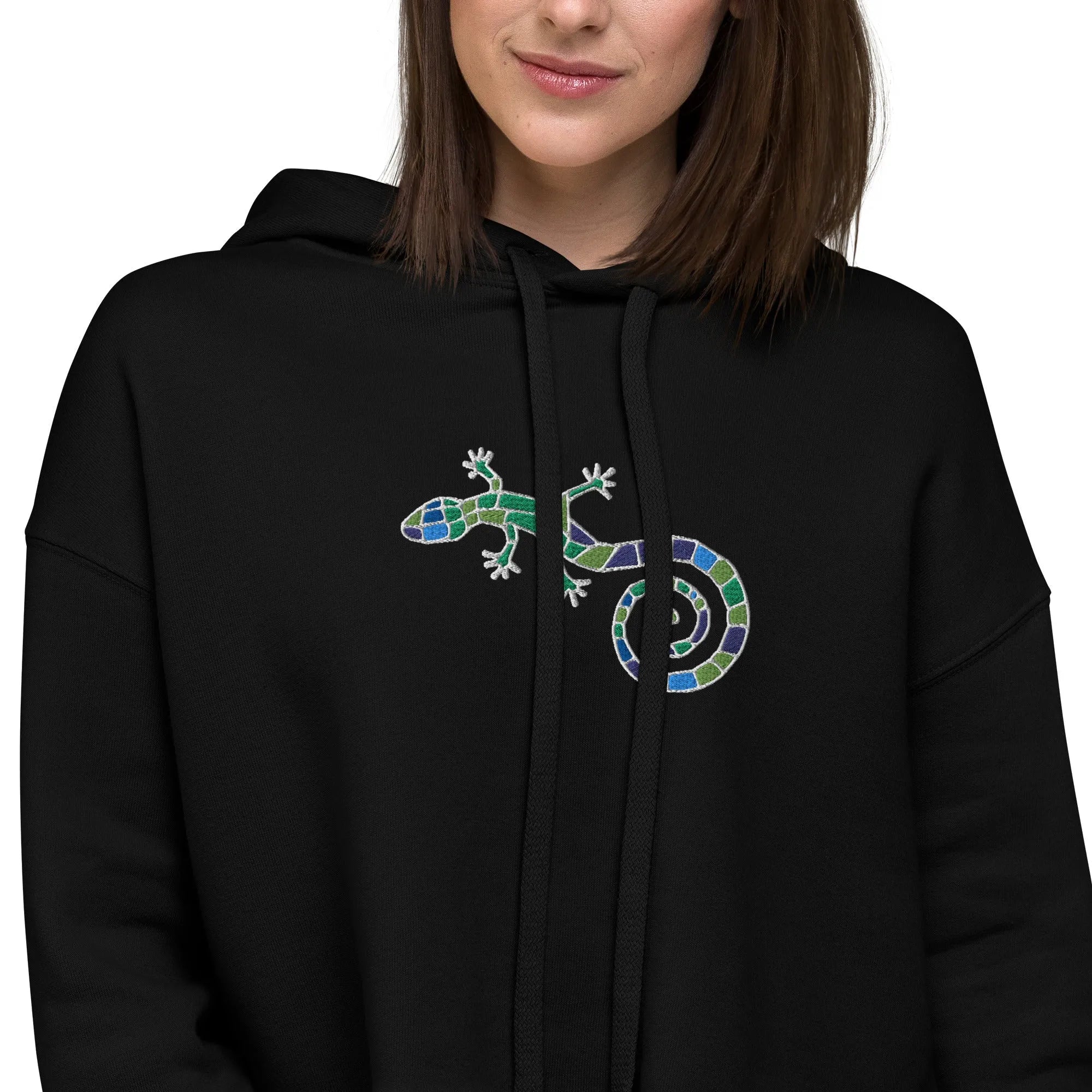Spanish Mosaic Lizard Embroidered Cropped Hoodie - The Global Wanderer