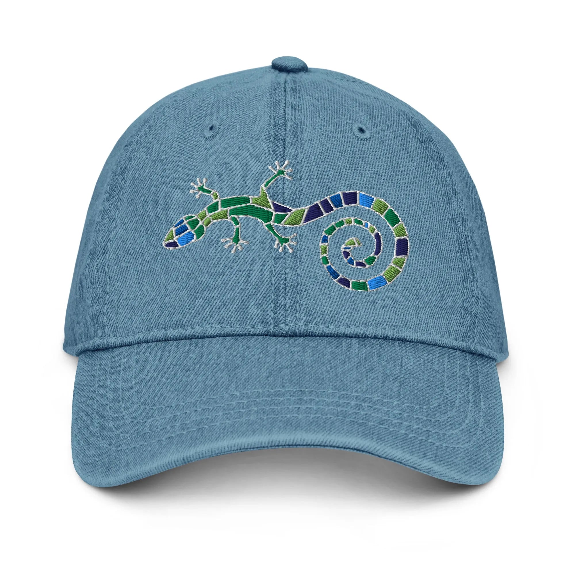 Spanish Mosaic Lizard Embroidered Denim Dad Hat - The Global Wanderer