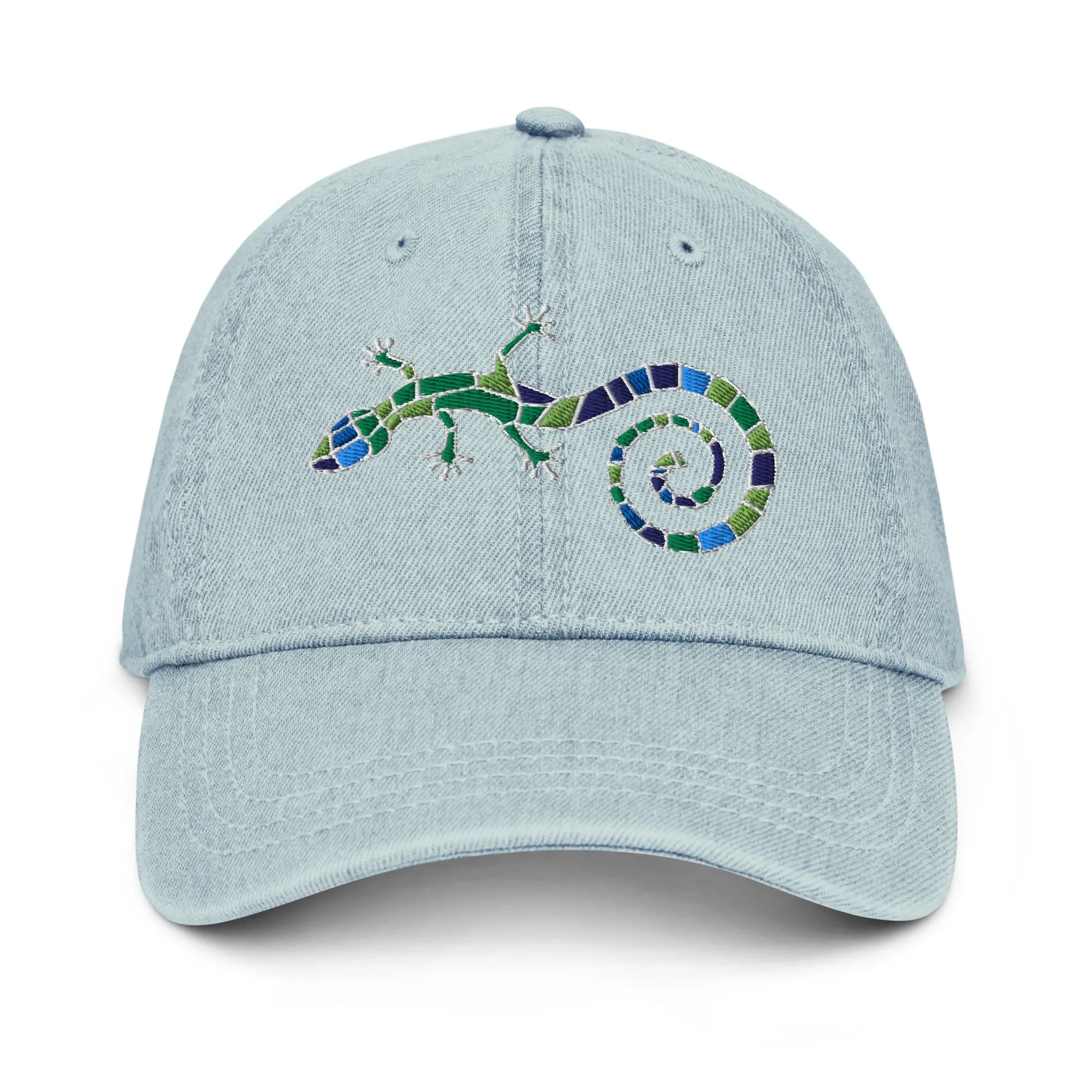 Spanish Mosaic Lizard Embroidered Denim Dad Hat - The Global Wanderer