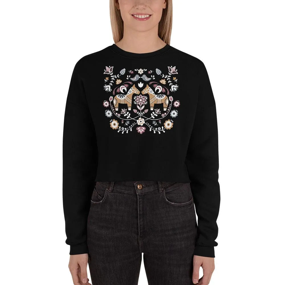 Swedish Dala Horse Cropped Sweatshirt - Dark - The Global Wanderer