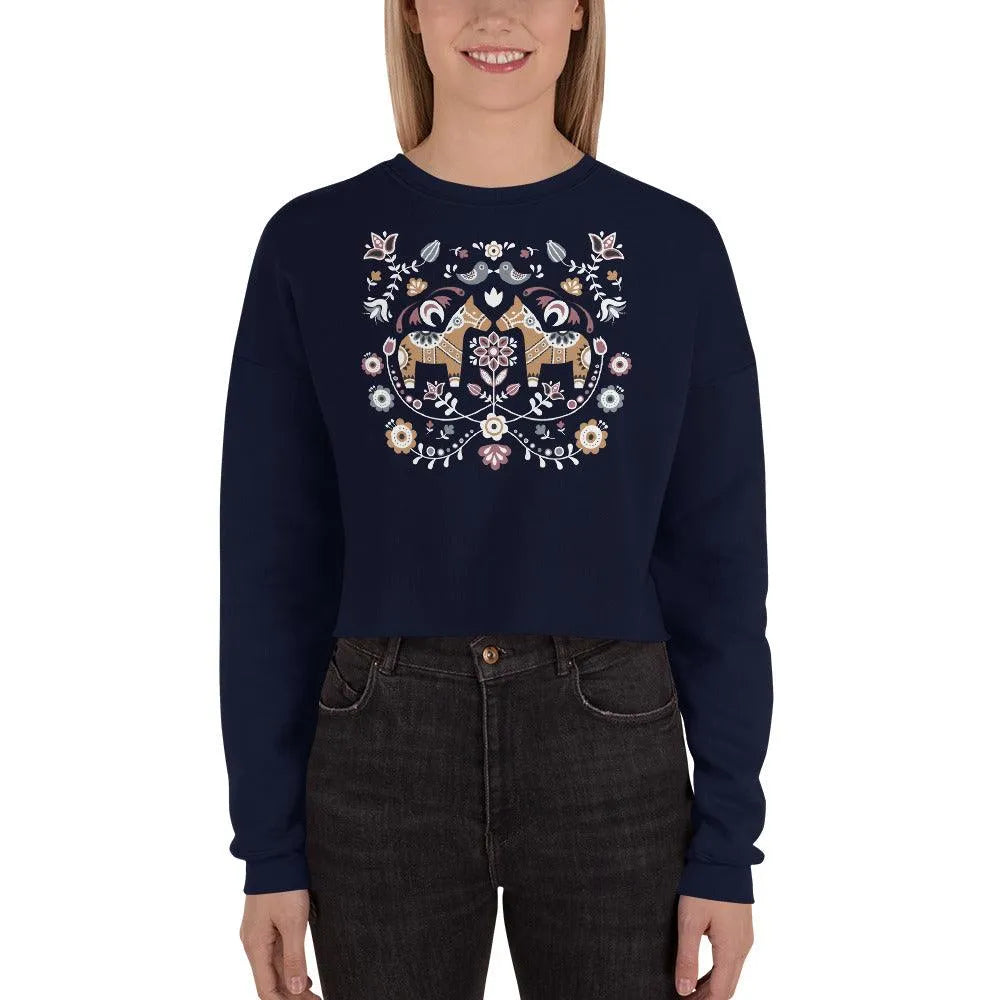 Swedish Dala Horse Cropped Sweatshirt - Dark - The Global Wanderer