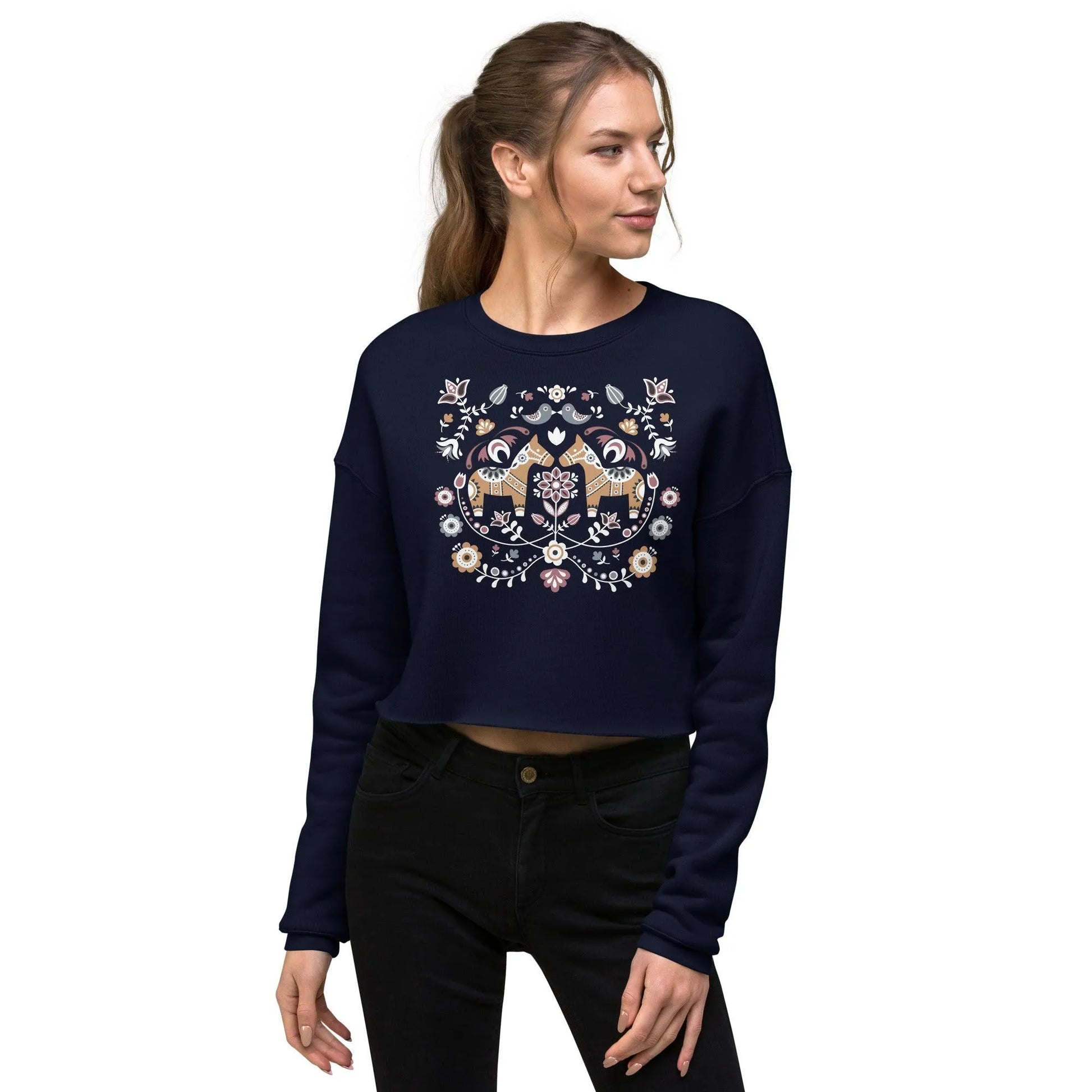 Swedish Dala Horse Cropped Sweatshirt - Dark - The Global Wanderer