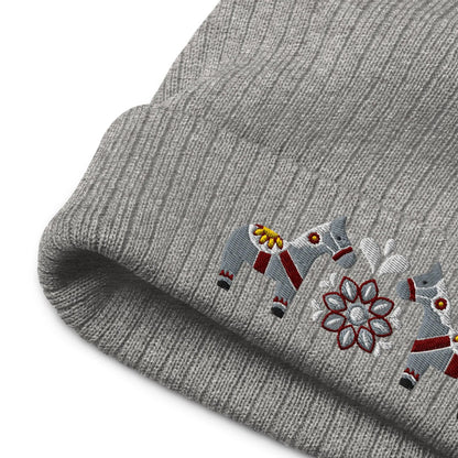 Swedish Dala Horse Embroidered Beanie - Gray - The Global Wanderer