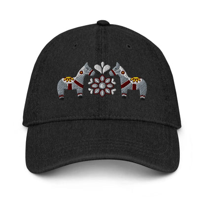 Swedish Dala Horse Embroidered Denim Dad Hat - Gray - The Global Wanderer