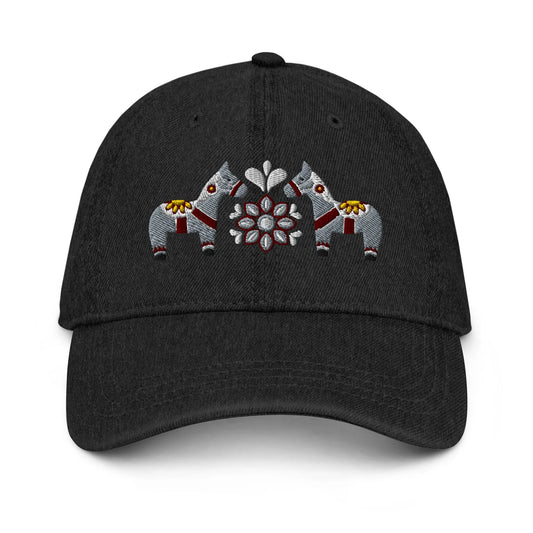 Swedish Dala Horse Embroidered Denim Dad Hat - Gray - The Global Wanderer