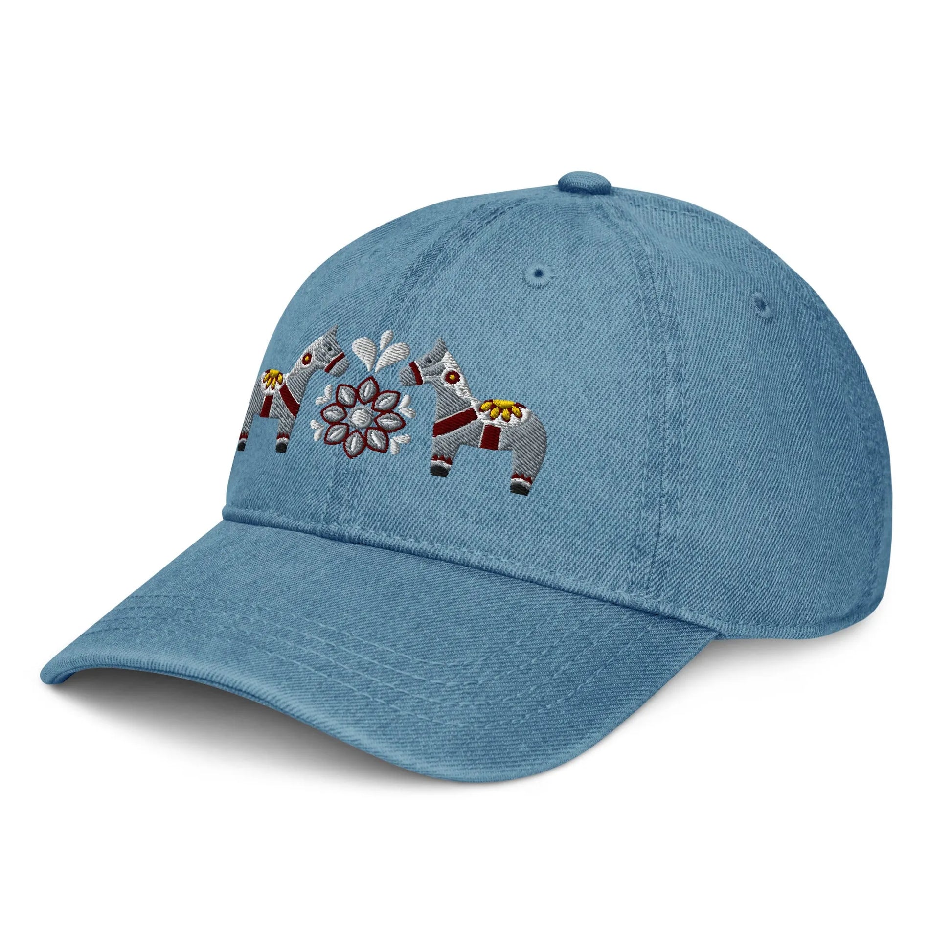 Swedish Dala Horse Embroidered Denim Dad Hat - Gray - The Global Wanderer