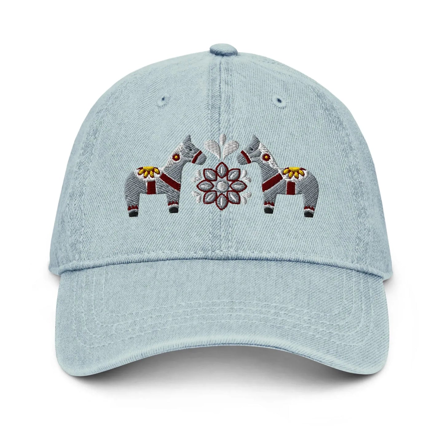 Swedish Dala Horse Embroidered Denim Dad Hat - Gray - The Global Wanderer