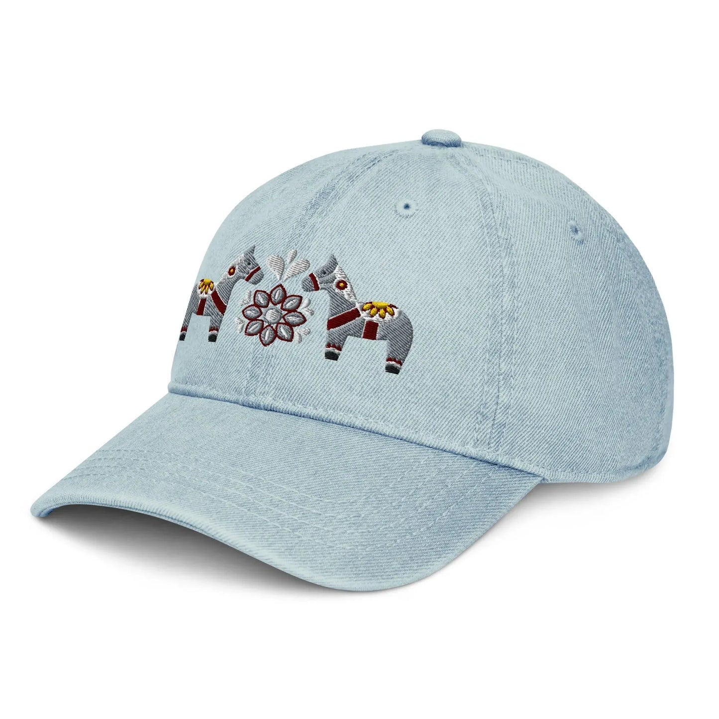 Swedish Dala Horse Embroidered Denim Dad Hat - Gray - The Global Wanderer