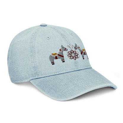 Swedish Dala Horse Embroidered Denim Dad Hat - Gray - The Global Wanderer