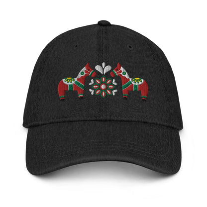 Swedish Dala Horse Embroidered Denim Dad Hat - Red - The Global Wanderer