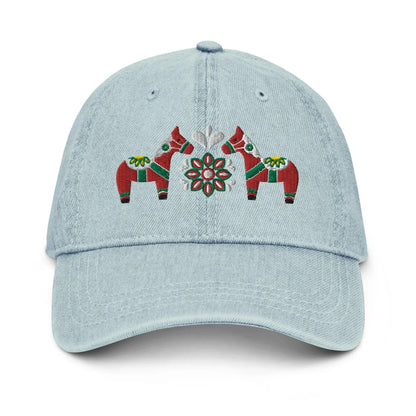 Swedish Dala Horse Embroidered Denim Dad Hat - Red - The Global Wanderer