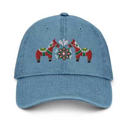 Swedish Dala Horse Embroidered Denim Dad Hat - Red - The Global Wanderer