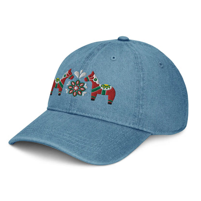 Swedish Dala Horse Embroidered Denim Dad Hat - Red - The Global Wanderer