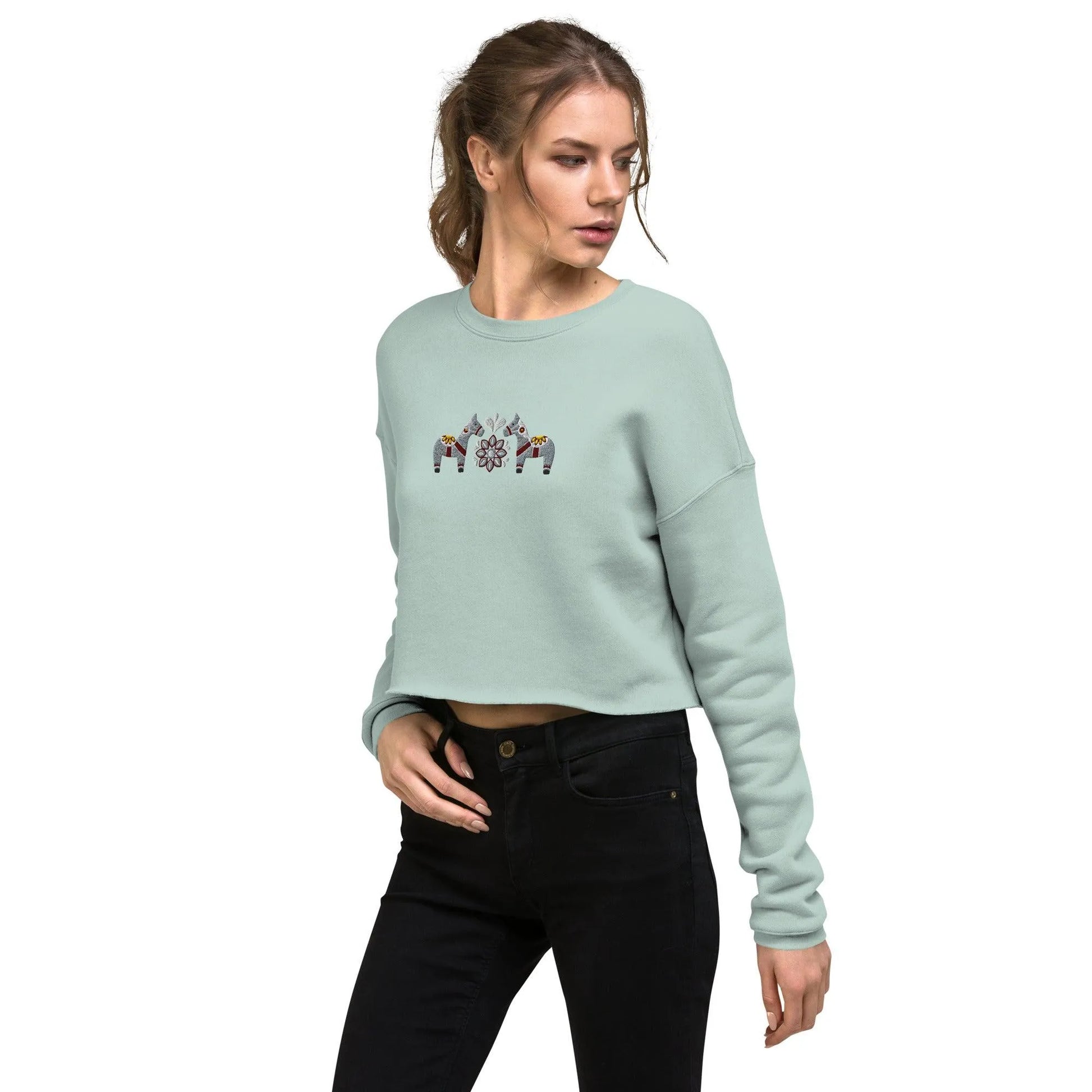 Swedish Gray Dala Horse Cropped Sweatshirt - Embroidered - The Global Wanderer