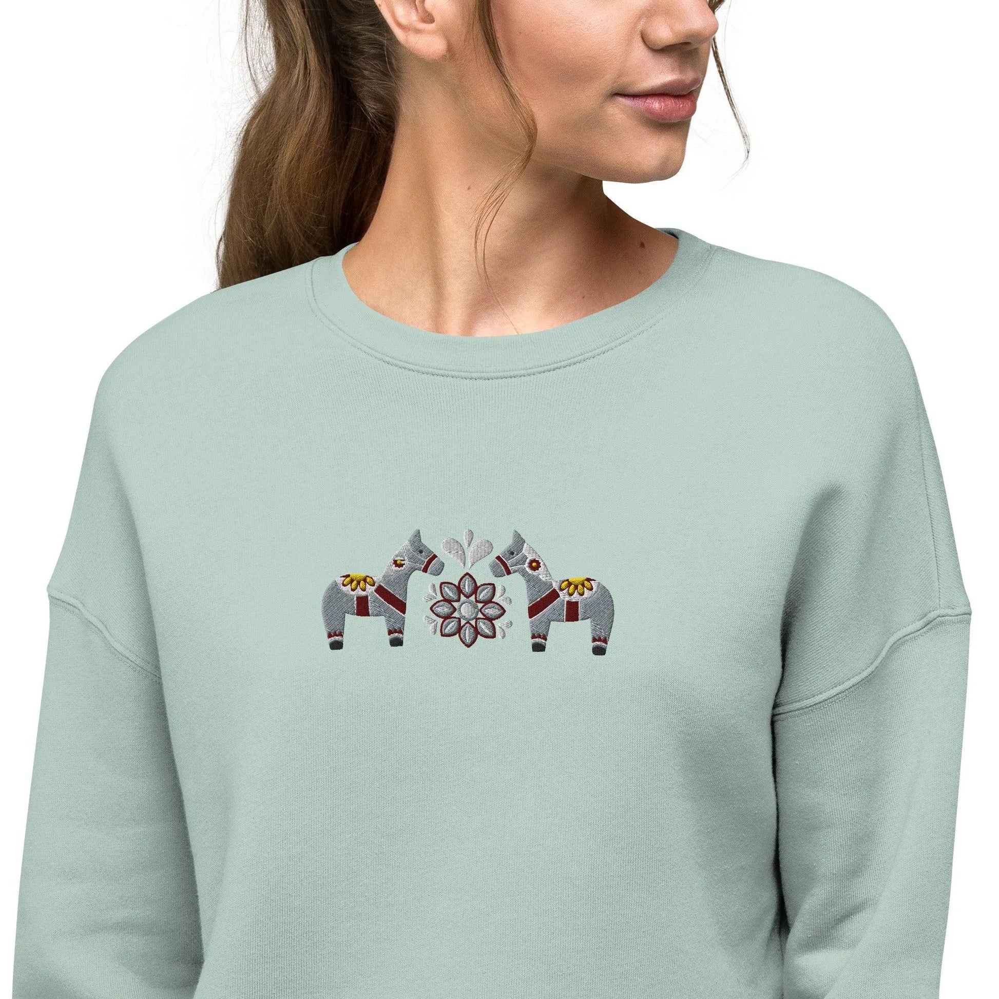 Swedish Gray Dala Horse Cropped Sweatshirt - Embroidered - The Global Wanderer