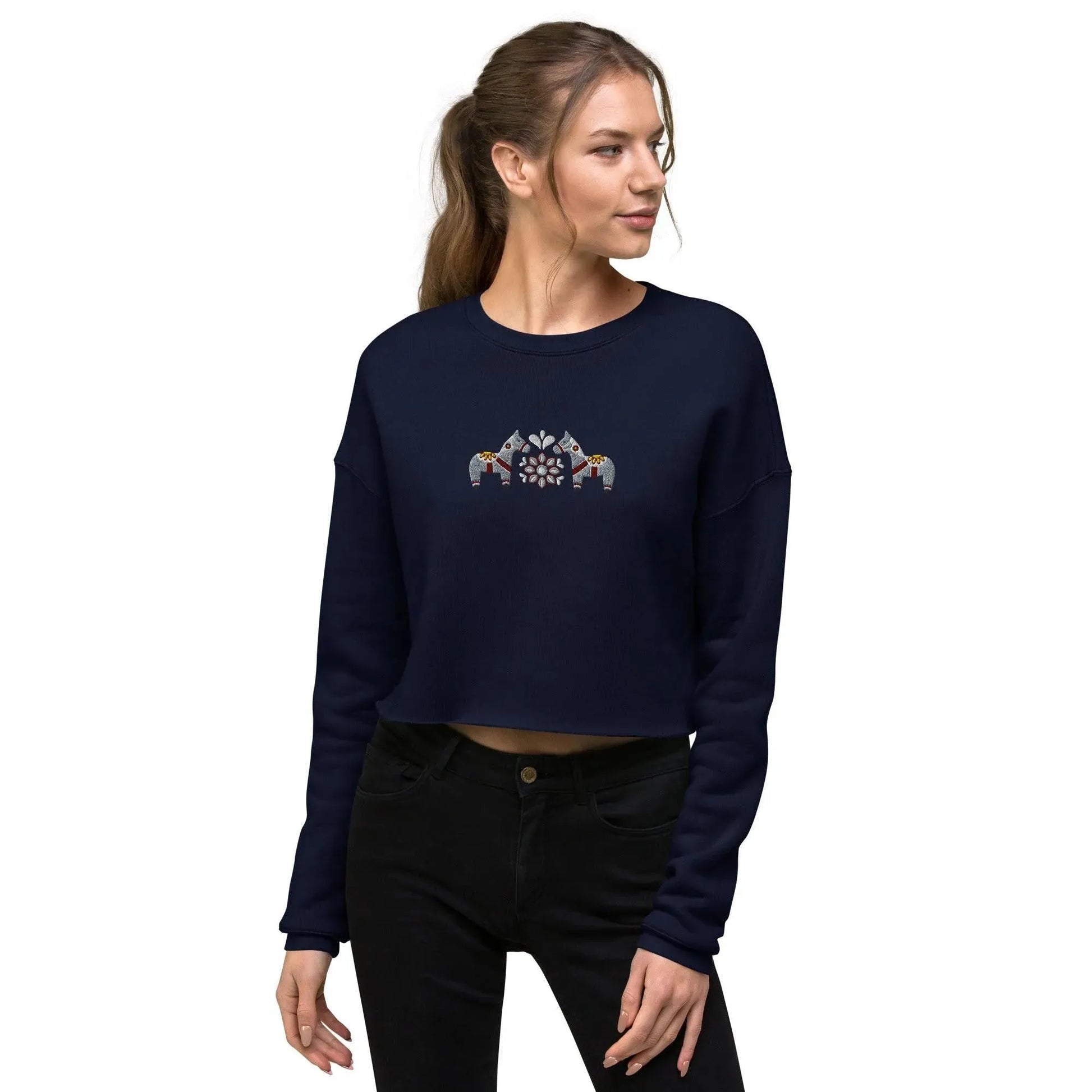 Swedish Gray Dala Horse Cropped Sweatshirt - Embroidered - The Global Wanderer