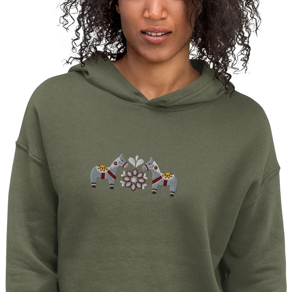 Swedish Gray Dala Horse Embroidered Cropped Hoodie - The Global Wanderer