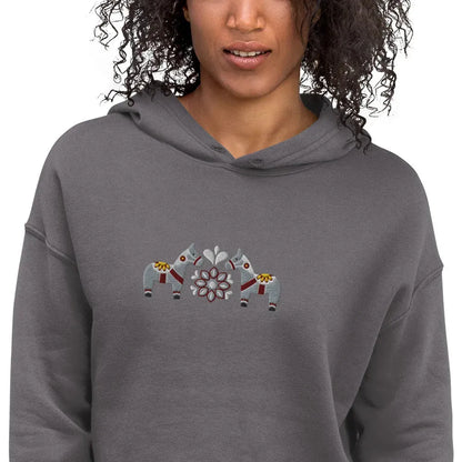 Swedish Gray Dala Horse Embroidered Cropped Hoodie - The Global Wanderer