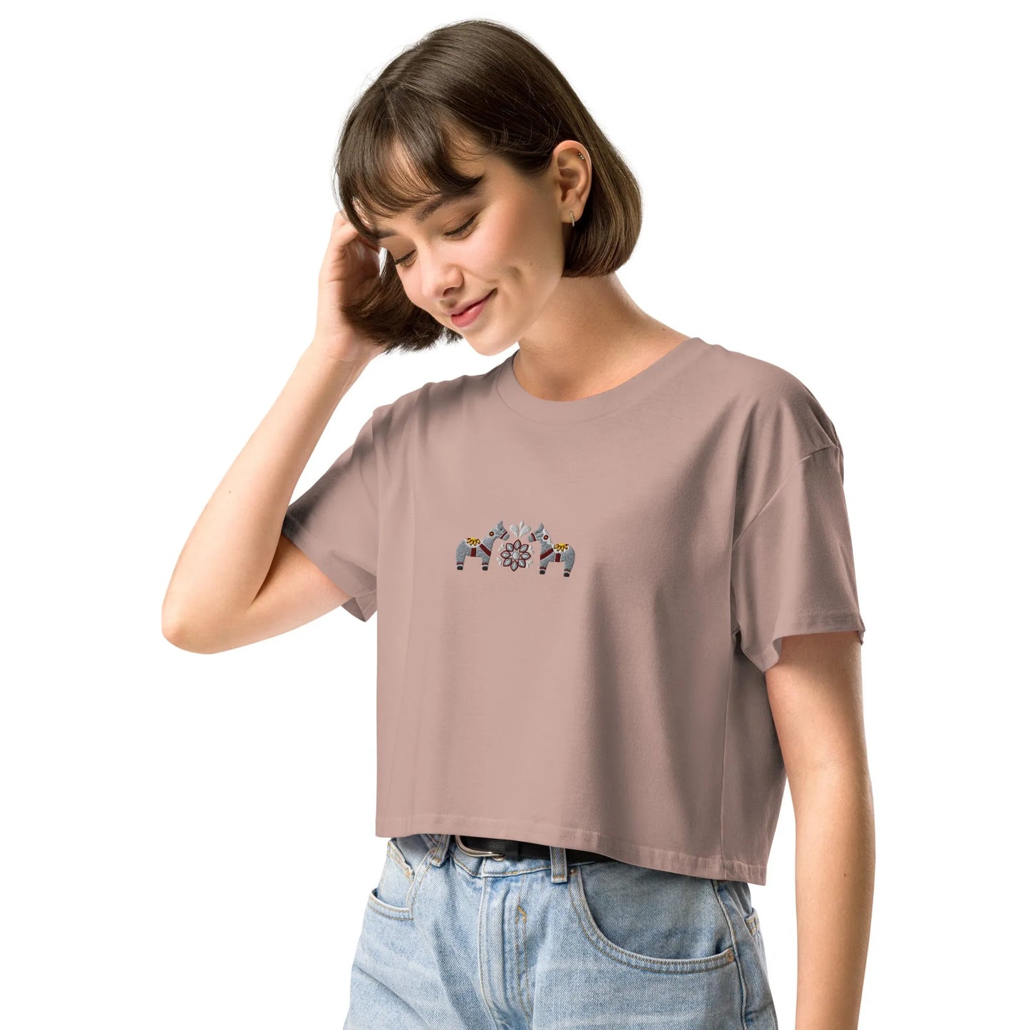 Swedish Gray Dala Horse Embroidered Cropped T-Shirt - The Global Wanderer