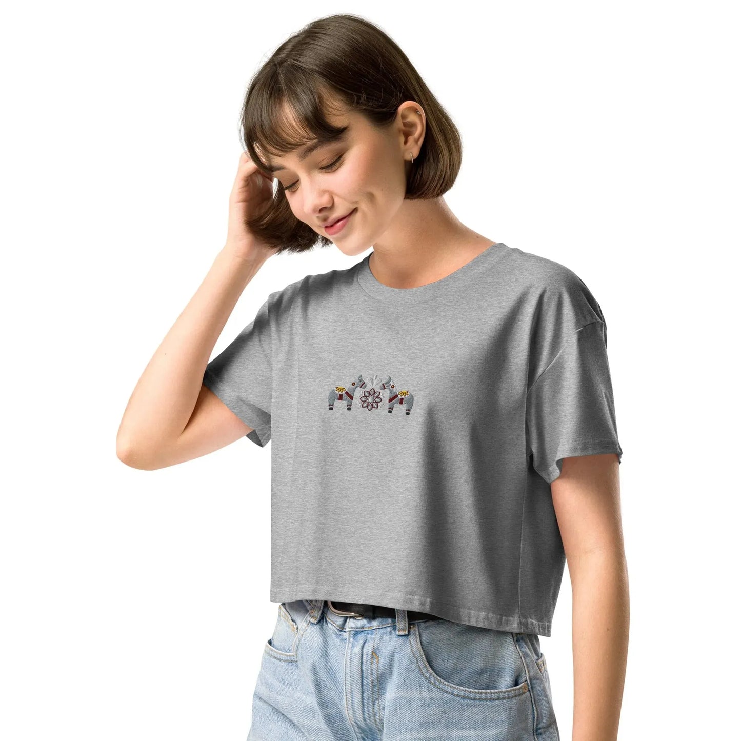 Swedish Gray Dala Horse Embroidered Cropped T-Shirt - The Global Wanderer