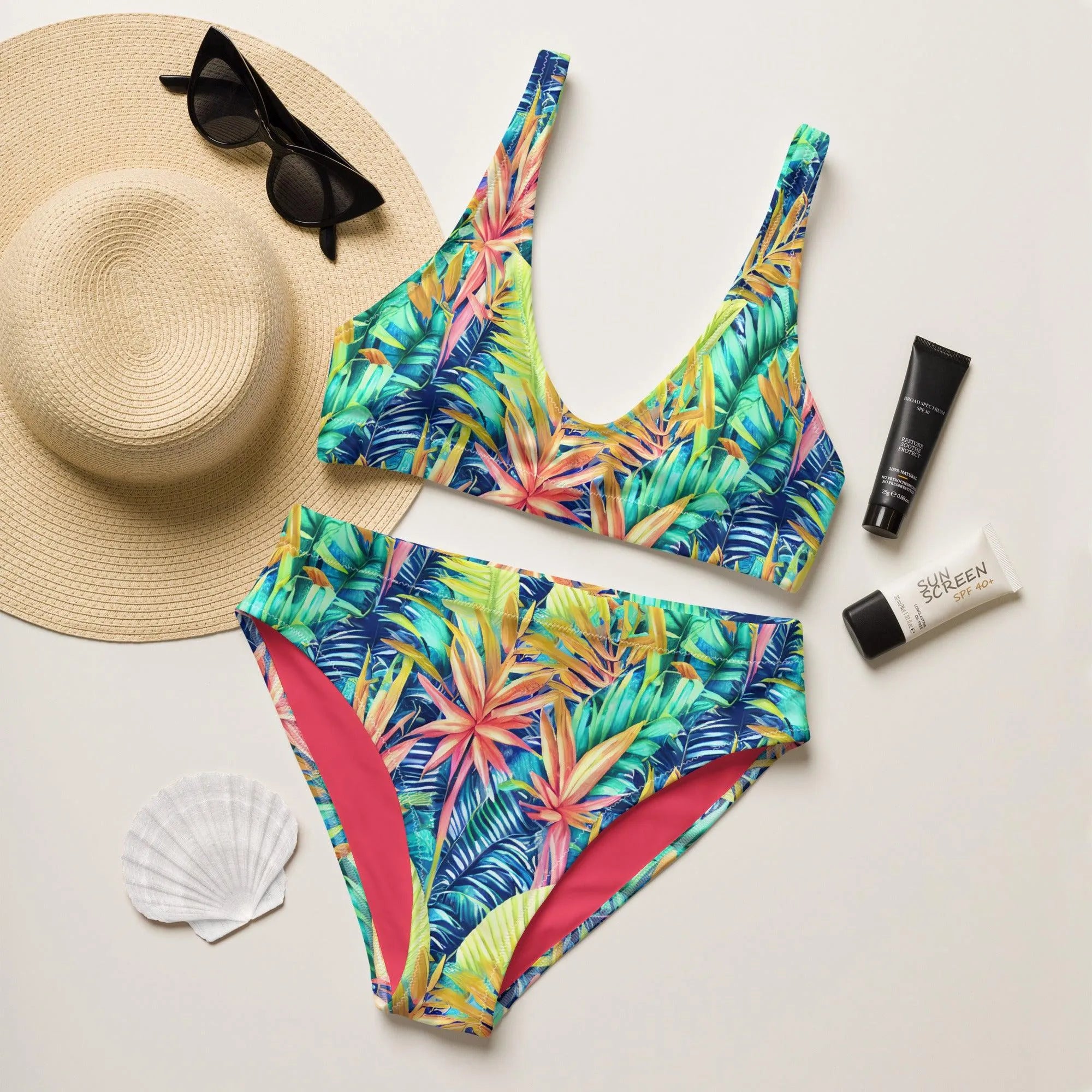 Hawaiian Tropical Leaves Recycled High-Waisted Bikini - The Global Wanderer