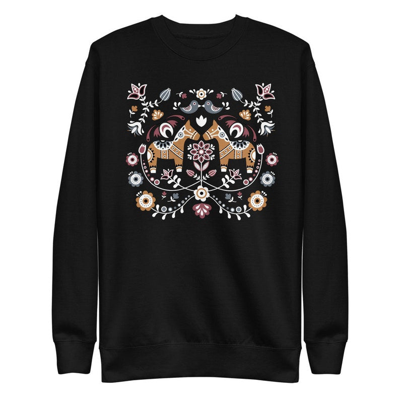 Black Swedish Dala Horse Fleece Christmas Sweatshirt