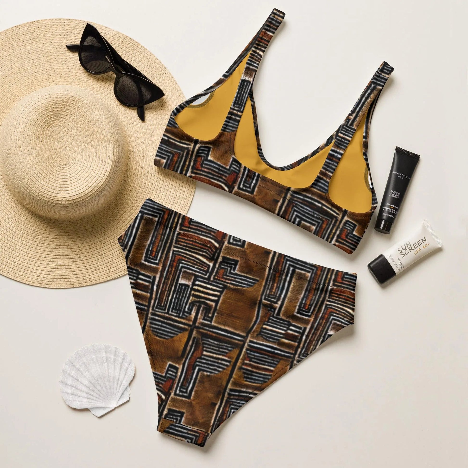 Malian Mud Cloth Recycled High-Waisted Bikini - The Global Wanderer